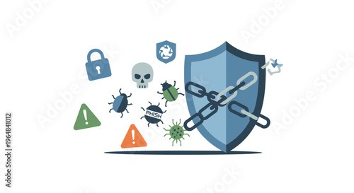 Cybersecurity shield protecting against digital threats and malware. Vector Illustrations. EPS Editable