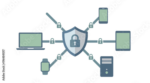 Cybersecurity protection shield with devices. Vector Illustrations. EPS Editable