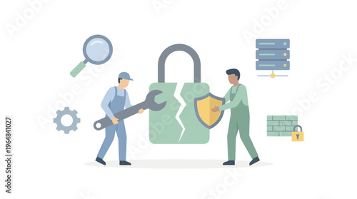 Cybersecurity team protecting digital padlock. Vector Illustrations. EPS Editable