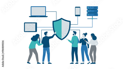 Cybersecurity team protecting network systems. Vector Illustrations. EPS Editable