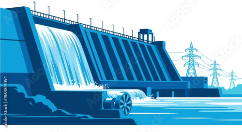 Dam with water flowing down gates. Vector Illustrations. EPS Editable