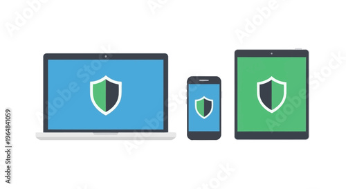 Devices with security shield icons displayed. Vector Illustrations. EPS Editable
