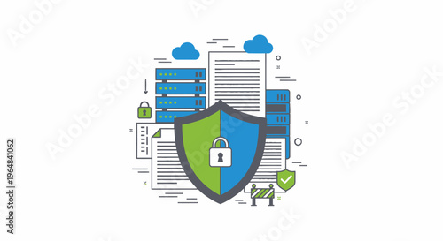 Data Security and Privacy Concept with Shield and Cloud Network Protection. Vector Illustrations. EPS Editable