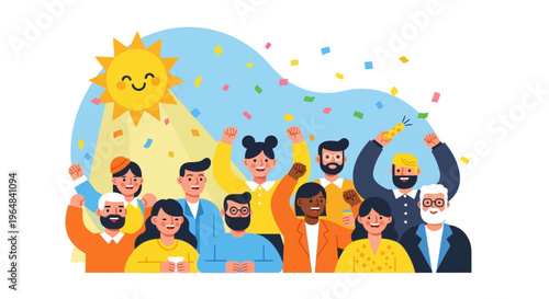 Diverse group of happy people celebrating. Vector Illustrations. EPS Editable