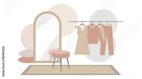 Fashion dressing room interior with clothes. Vector Illustrations. EPS Editable