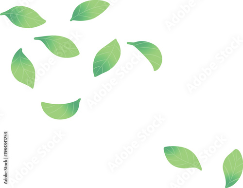 風に舞う新緑の葉の背景素材（左上から右下への流れ）　ベクター