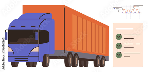Transportation logistics, freight shipping, cargo management, delivery services, supply chain, efficiency. Large truck with checklist and data graph. Transportation logistics and freight shipping
