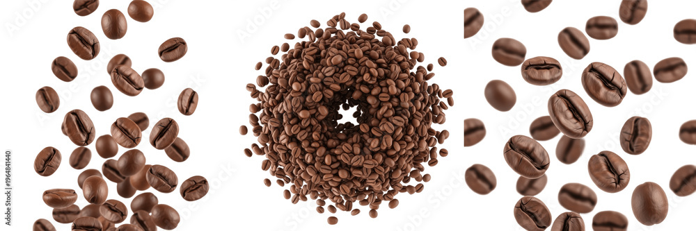 Fototapeta premium Roasted Coffee Beans Flying (Coffea arabica) - Grains de café, Granos de café. Aromatic dark roast beans for espresso and caffeine lovers. Gourmet coffee bean explosion background.