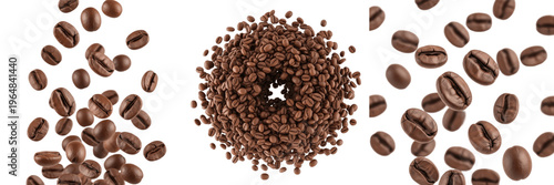Roasted Coffee Beans Flying (Coffea arabica) - Grains de café, Granos de café. Aromatic dark roast beans for espresso and caffeine lovers. Gourmet coffee bean explosion background.