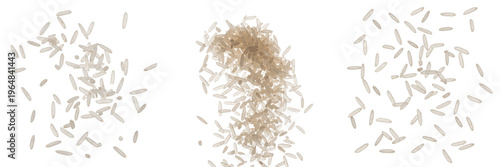 White Rice Grains Flying (Oryza sativa) - Grains de riz, Granos de arroz. Staple cereal grain for international cuisine. Organic white jasmine rice scattering on screen background.