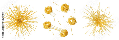 Spaghetti Strands Flying - Spaghetti, Espaguetis. Long dried durum wheat pasta noodles. Dynamic Italian pasta strands scattering across a professional culinary screen view.