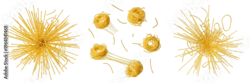 Obraz  z motywem Spaghetti Strands Flying - Spaghetti, Espaguetis. Long dried durum wheat pasta noodles. Dynamic Italian pasta strands scattering across a professional culinary screen view.