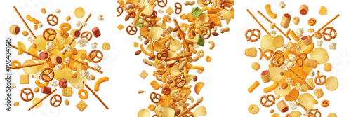 Savory Snacks Flying - Snacks salés, Aperitivos salados. Nuts, seeds, and salted biscuits. Crunchy protein-rich appetizer explosion for bar and party backgrounds.