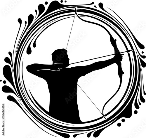 Silhouette of Archer Aiming with Bow and Arrow Inside a Swirling Artistic Circle Design
