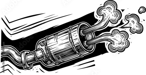 Detailed Woodcut Illustration of a Car Exhaust Pipe