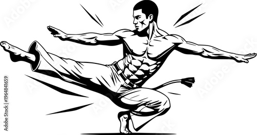 Dynamic monochrome depiction of a capoeira stance with striking
