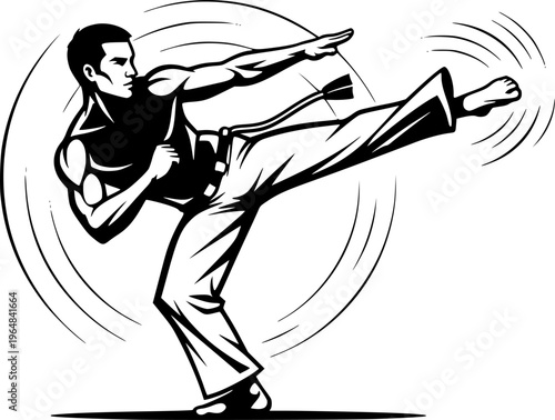 Dynamic monochrome depiction of a capoeira stance with striking
