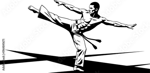 Dynamic monochrome depiction of a capoeira stance with striking

