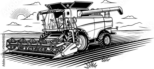 Black and White Sketch of a Combine Harvester on a Grassy Field
