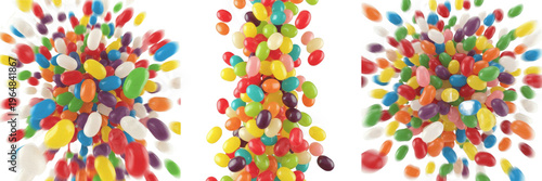 Colorful Jelly Beans Flying - Dragées gélifiées, Jelly beans. Small bean-shaped sugar candies. Multi-colored fruit flavored jelly bean explosion on screen.