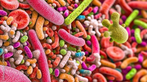 Colorful gut microbiome bacteria close-up; health, digestion, science