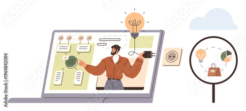Business planning, innovation, e-commerce, creative strategy, education, online learning. Person presenting ideas on a laptop screen with a magnified shopping icon. Business planning and innovation
