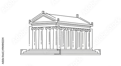 Ancient Greek Temple Facade with Doric Columns, Pediment, and Steps - Line Art