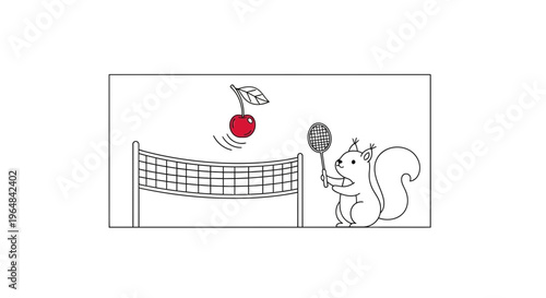Cute Squirrel Playing Badminton with Cherry