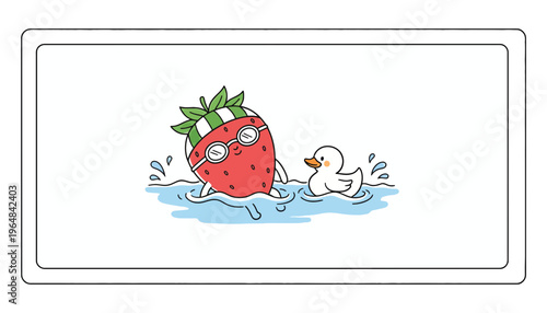 Cute strawberry character with swimming goggles and a rubber ducky swimming in water
