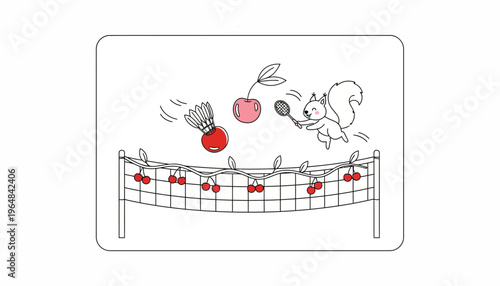Cute squirrel playing badminton with cherries on net, funny cartoon illustration