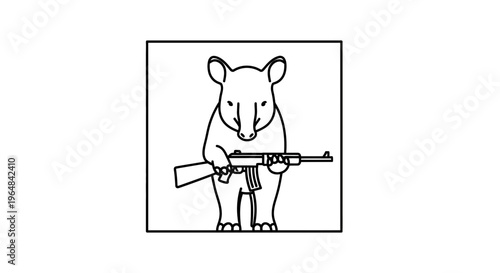 Cute Tapir Holding Assault Rifle, Cartoon Style, Black and White Line Art