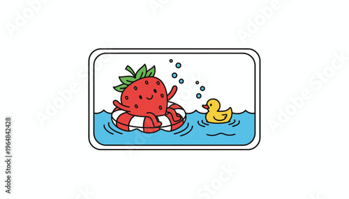 Cute strawberry character with inflatable ring and rubber ducky swimming in water