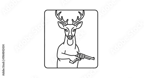 Deer With Antlers Holding a Revolver Gun, Cartoon Style