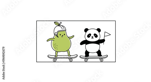 Cute Pear and Panda Riding Skateboards Together