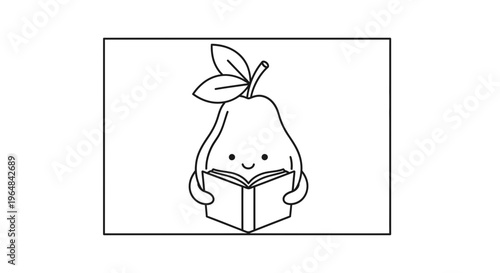 Cute Pear Character Reading a Book, Black and White Line Art Illustration