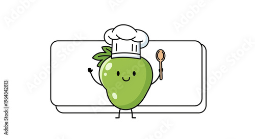Cute Green Strawberry Chef Character Holding Spoon, Wearing Chef Hat, Waving Hand
