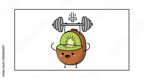 Cute kiwi fruit character lifting weights, healthy lifestyle and fitness concept