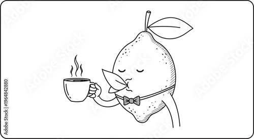 Cute Lemon Character Enjoying a Hot Cup of Coffee with Steam, Wearing a Bowtie