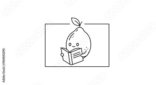 Cute Lemon Character Reading a Book, Minimalist Line Art