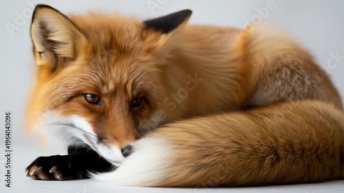 A fox with orange fur a white tipped tail and black paws lies down in a curled position