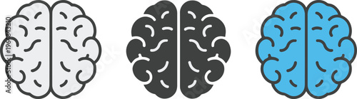 brain vector set three styles outline filled and color variations