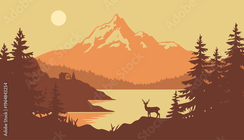 mountain cabin by lake wilderness scene layered silhouettes
