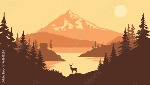 Fotografie mountain peak snowcap reflected in lake with deer and forest