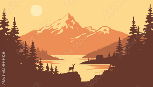 mountain landscape cabin deer by lake at sunset illustration