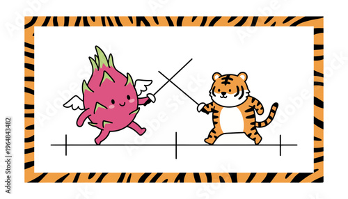 Cute Dragon Fruit and Tiger Playing Sword Fight