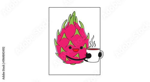 Cute Dragon Fruit Character Holding a Hot Coffee Cup, Kawaii Style