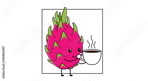 Cute Dragon Fruit Character Holding a Steaming Coffee Cup, Kawaii Style
