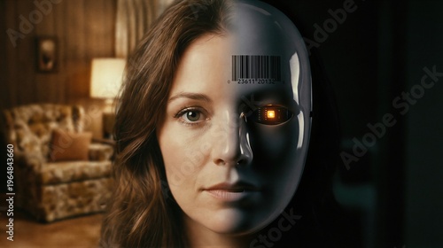 Woman with half human and half robotic face showing barcode. Sci-fi concept of cybernetic mind control, artificial intelligence and digital hypnosis. Human interaction with future technology.