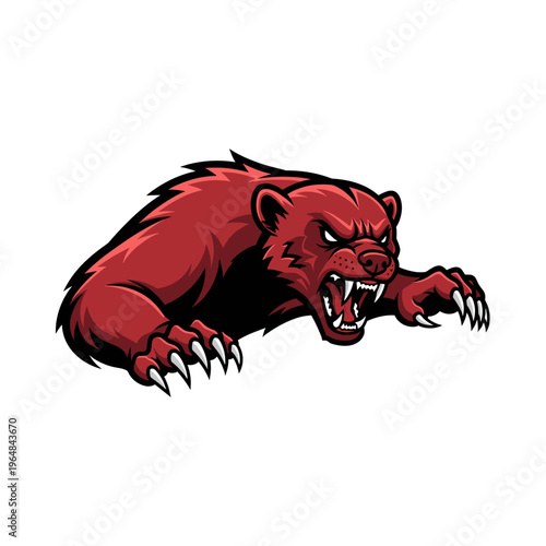 Aggressive red wolverine mascot with sharp claws and bared teeth, ready to attack, depicted in a dynamic cartoon style.
