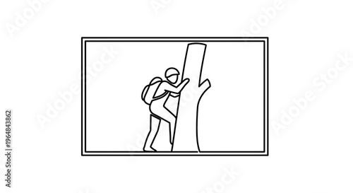 Adventurous hiker climbing a tree in a forest, outdoor activity, nature exploration